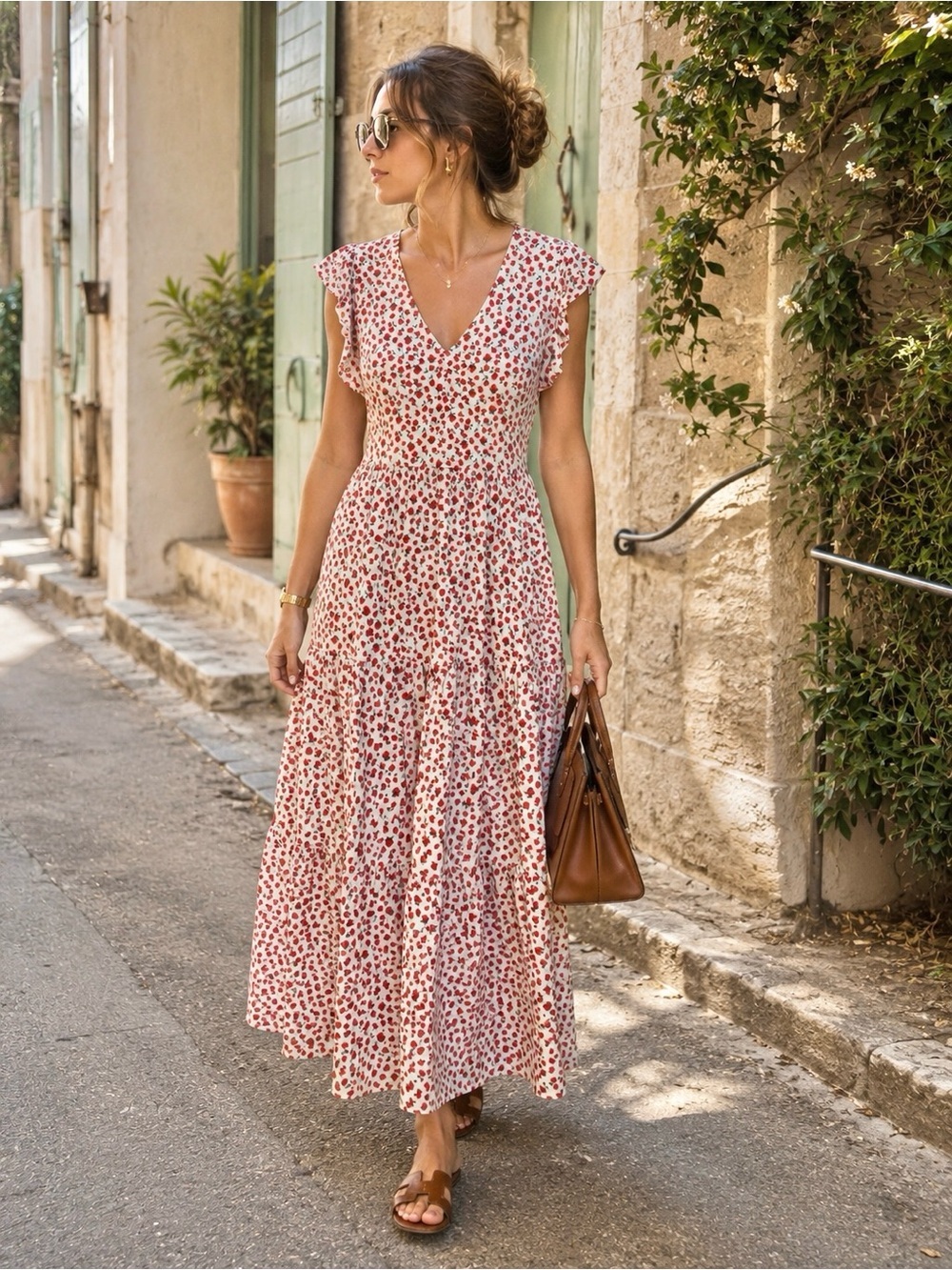 Red Floral V-Neck Flutter Sleeve Maxi Dress